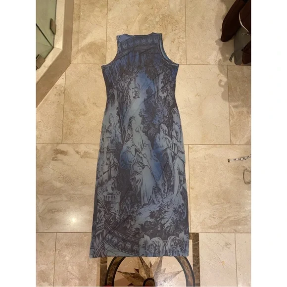 Vintage 90s 2000s y2k INC maxi blue toile renaissance print mesh dress - Picture 3 of 5